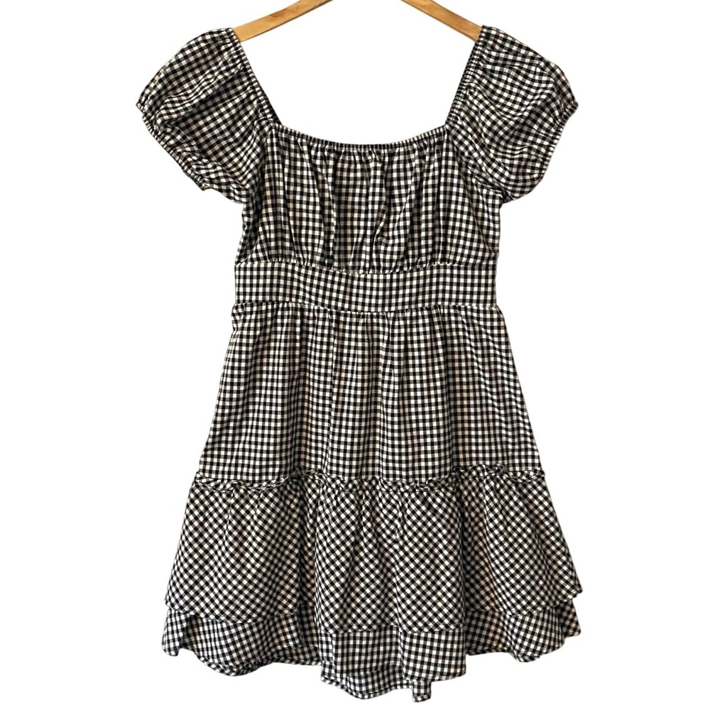 Joy Joy Sz Small Black White Gingham Tiered Mini Dress Smocked Back Puff Sleeve‎
